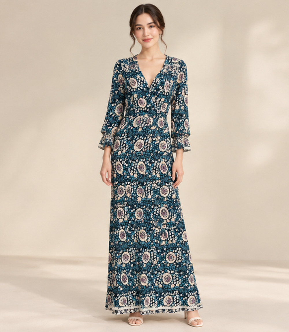Natalie Martin Kate Floral Wrap Maxi Dress Long Sleeve Sz S Cottage Romantic Boh